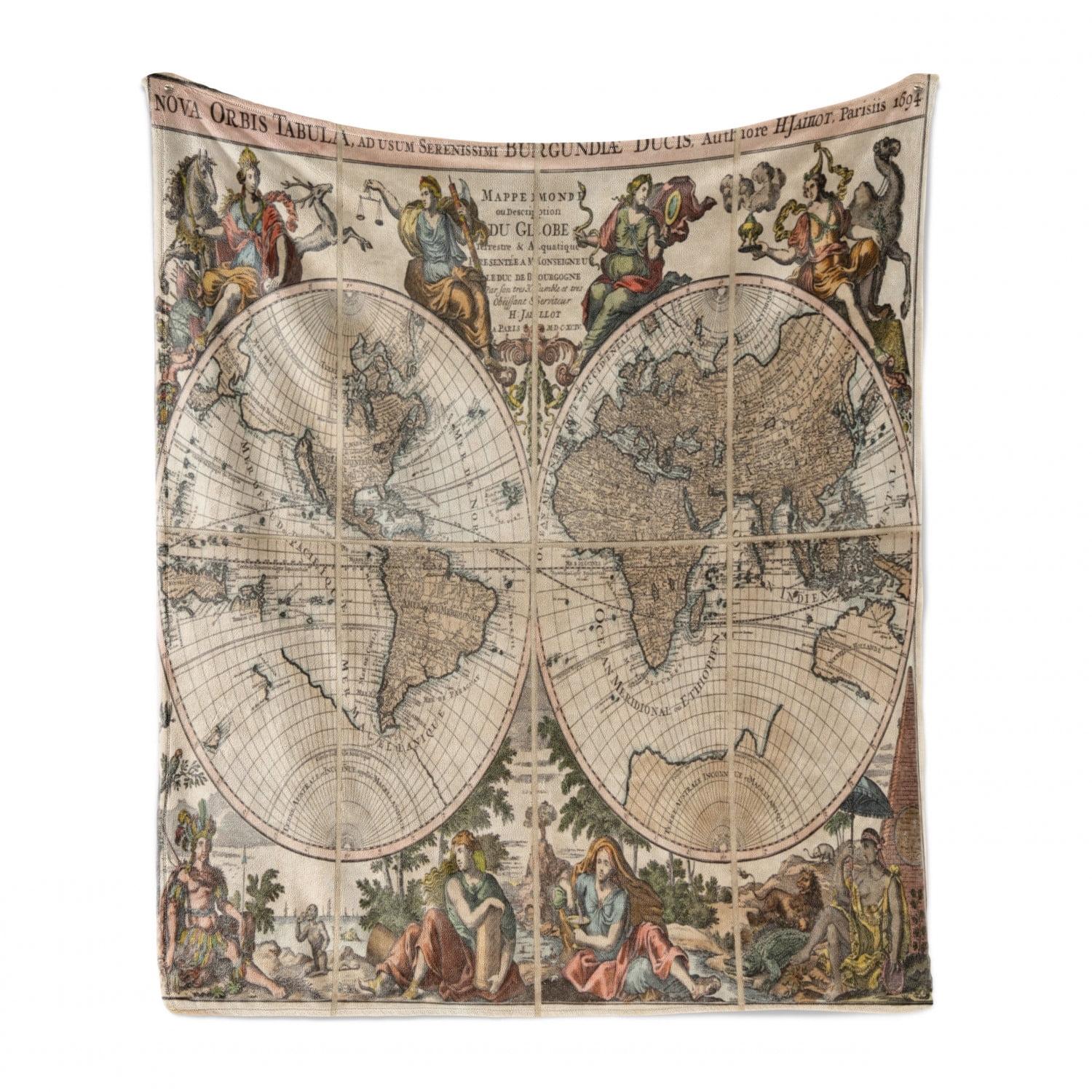 Ambesonne Antique World Map Fleece Throw Blanket Old Continents Multicolor