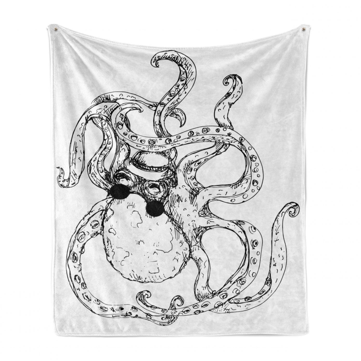 White and Black Hipster Octopus Flannel Fleece Throw Blanket