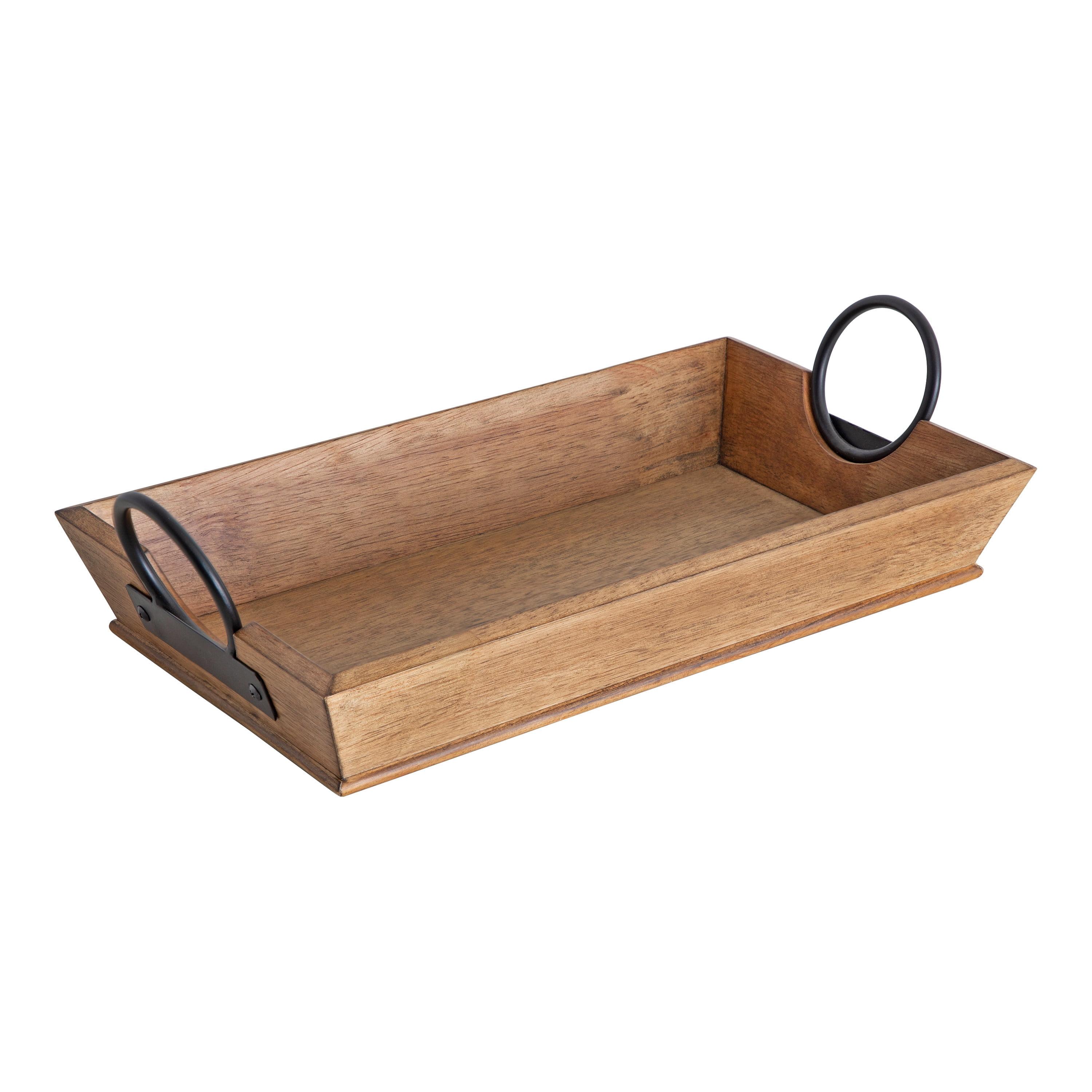 Rustic Brown 17'' Solid Rubberwood Decorative Tray with Metal Ring Holders