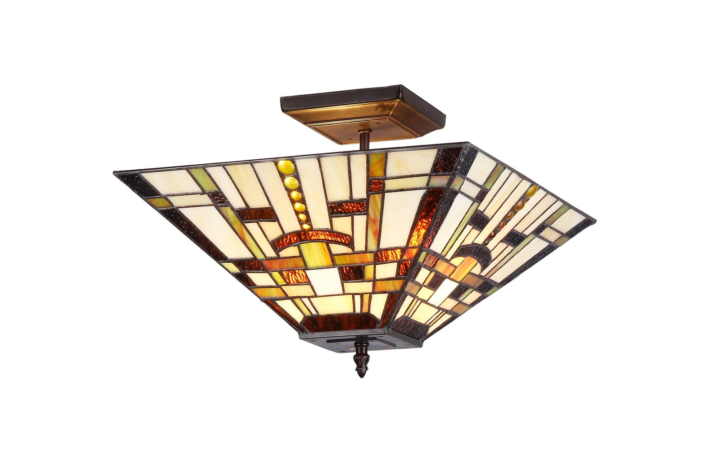 Tiffany-Style Mission 2-Light Bronze and Glass Ceiling Fixture