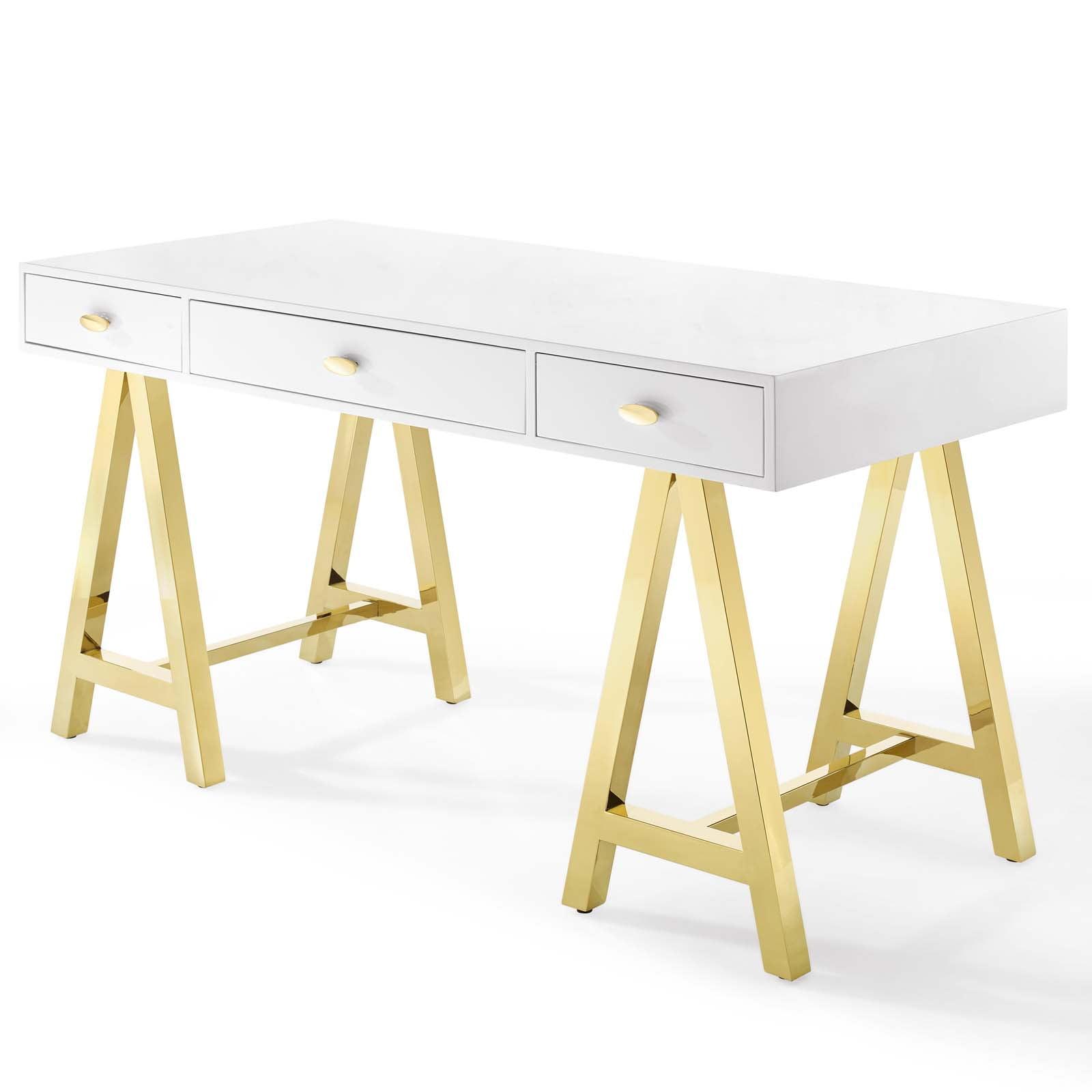 Sleek Gold & White Retro Modern Office Desk with Drawers