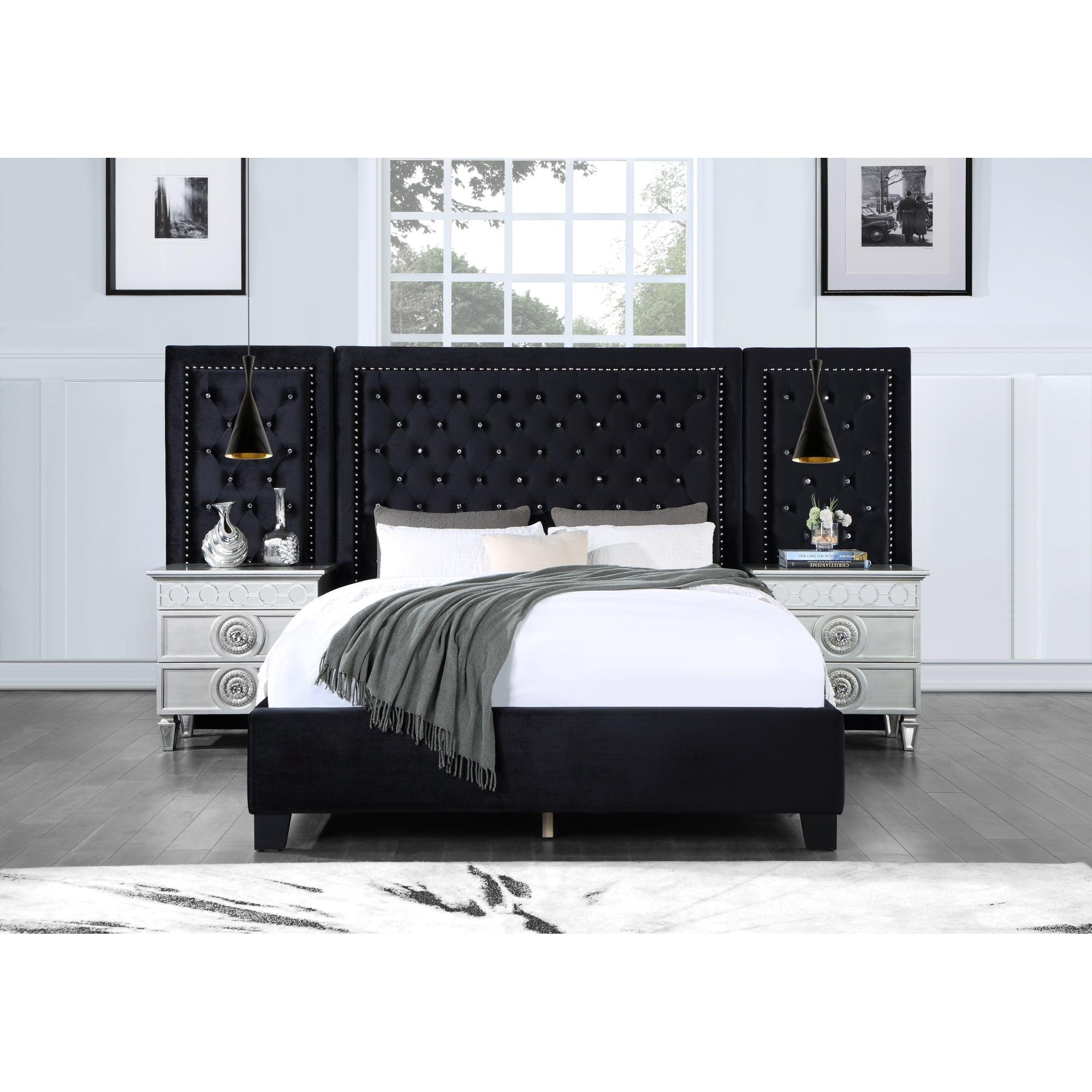 Damazy 86" King Black Velvet Upholstered Bed with Nailhead Trim