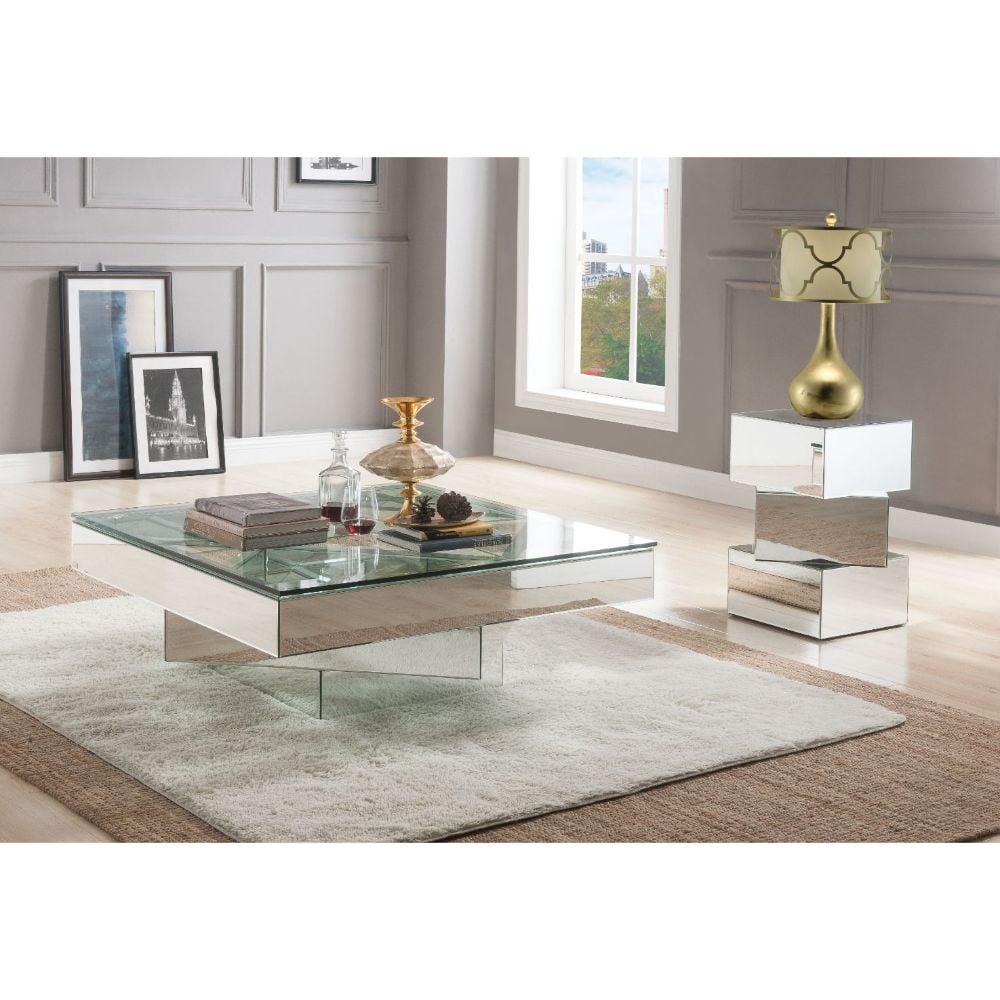 Eclat Square 40" Mirrored Coffee Table with Glass Top