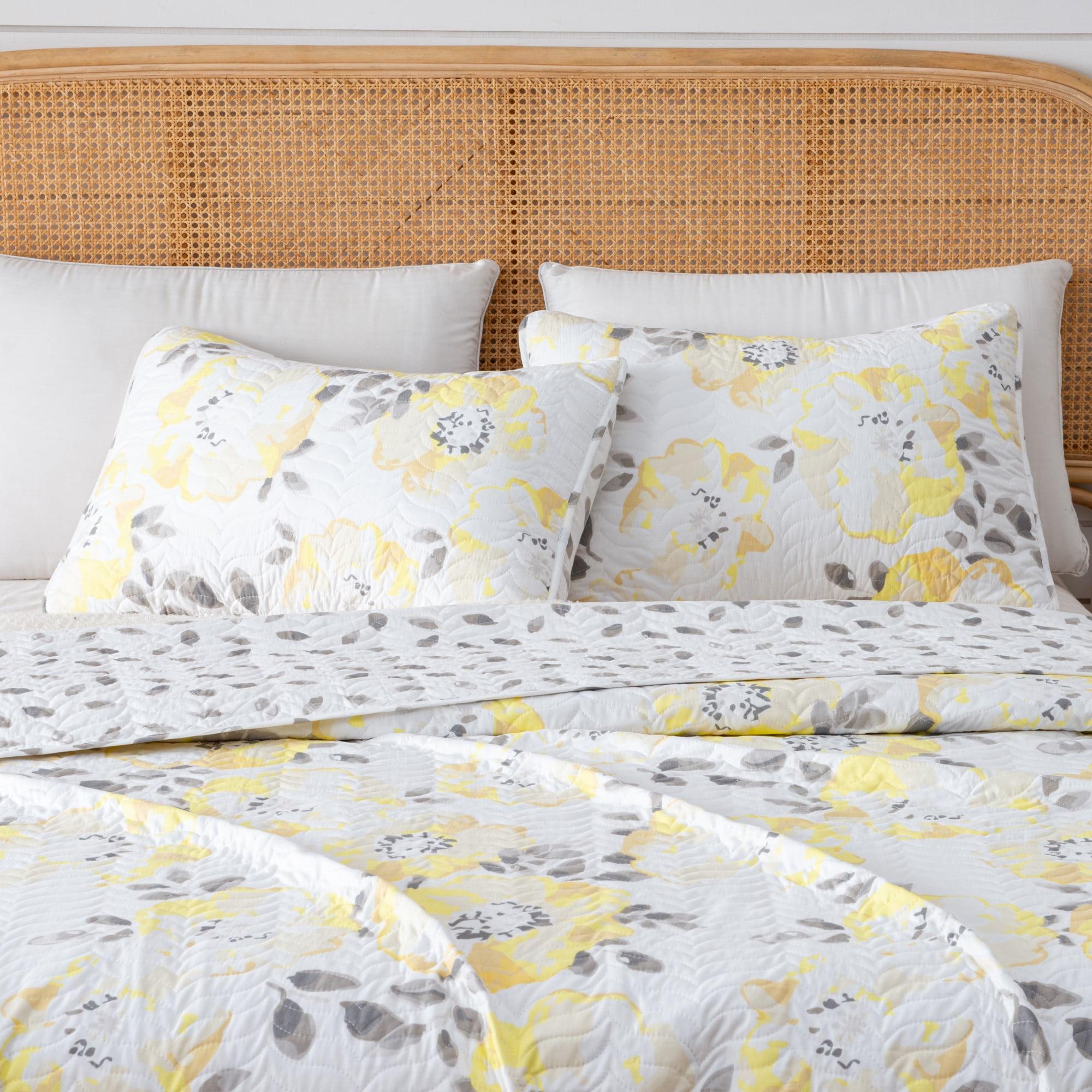 Helene King Yellow Floral Reversible Microfiber Quilt Set