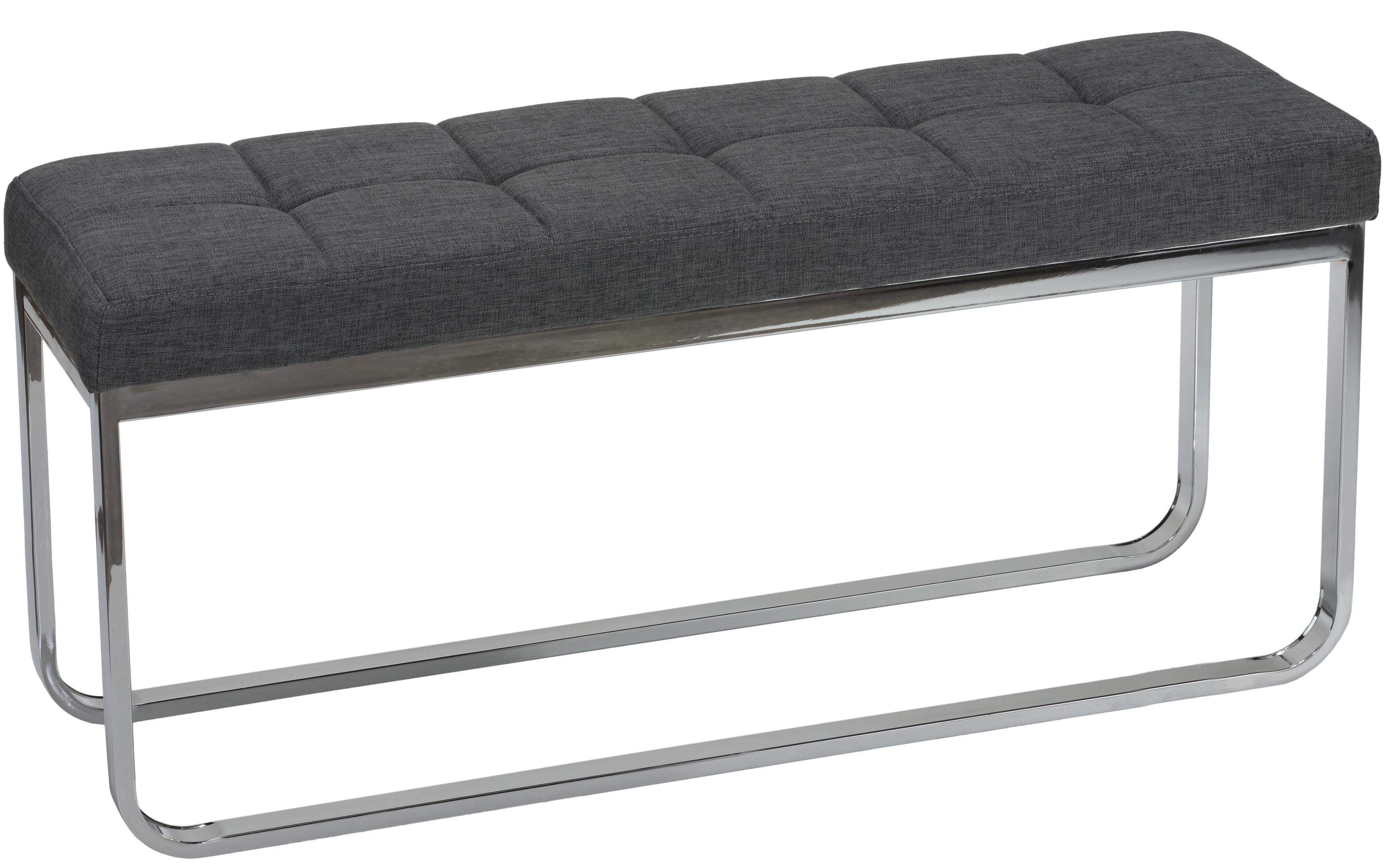 Contemporary Nola Narrow Bench in Grey Linen with Polished Stainless Steel Legs