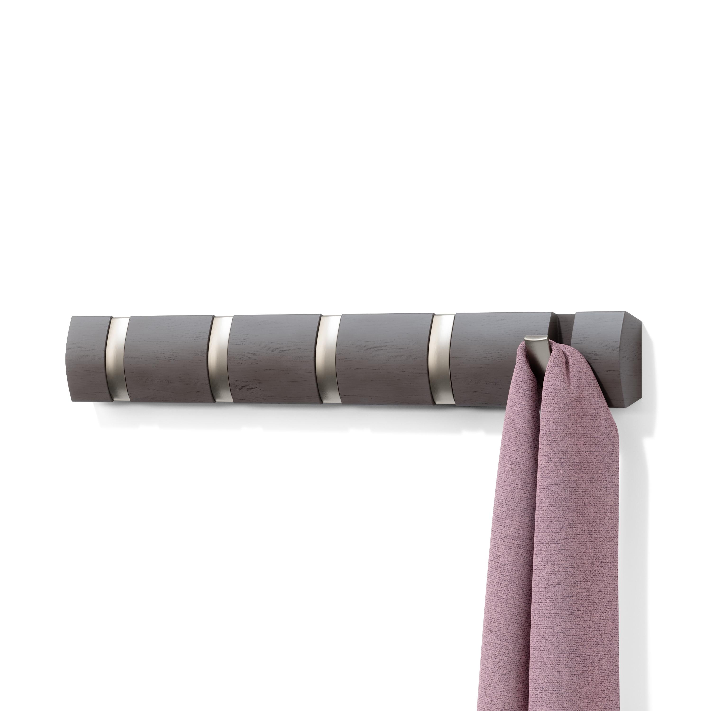 Sleek Driftwood & Nickel 5-Hook Retractable Wall Coat Rack