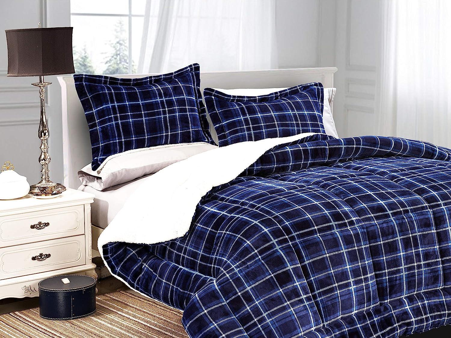 Mocassi Heavy Weight Plaid Pattern 3PC Comforter Set - Micromink Sherpa-Backing, Down Alternative Micro-Suede, 3-Piece Comforter Set, Full/Queen, Navy