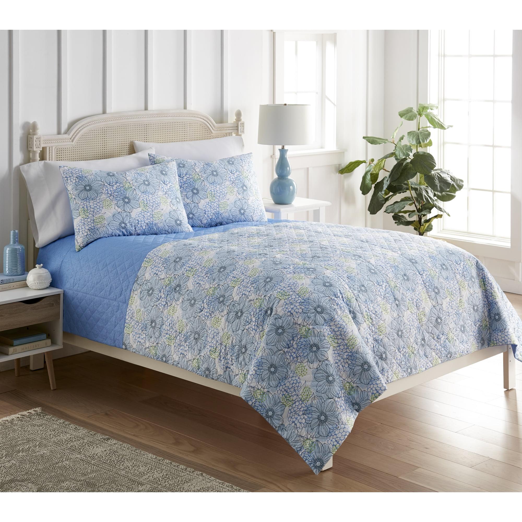 Blue Poppies Twin Microfiber Reversible Quilt Set