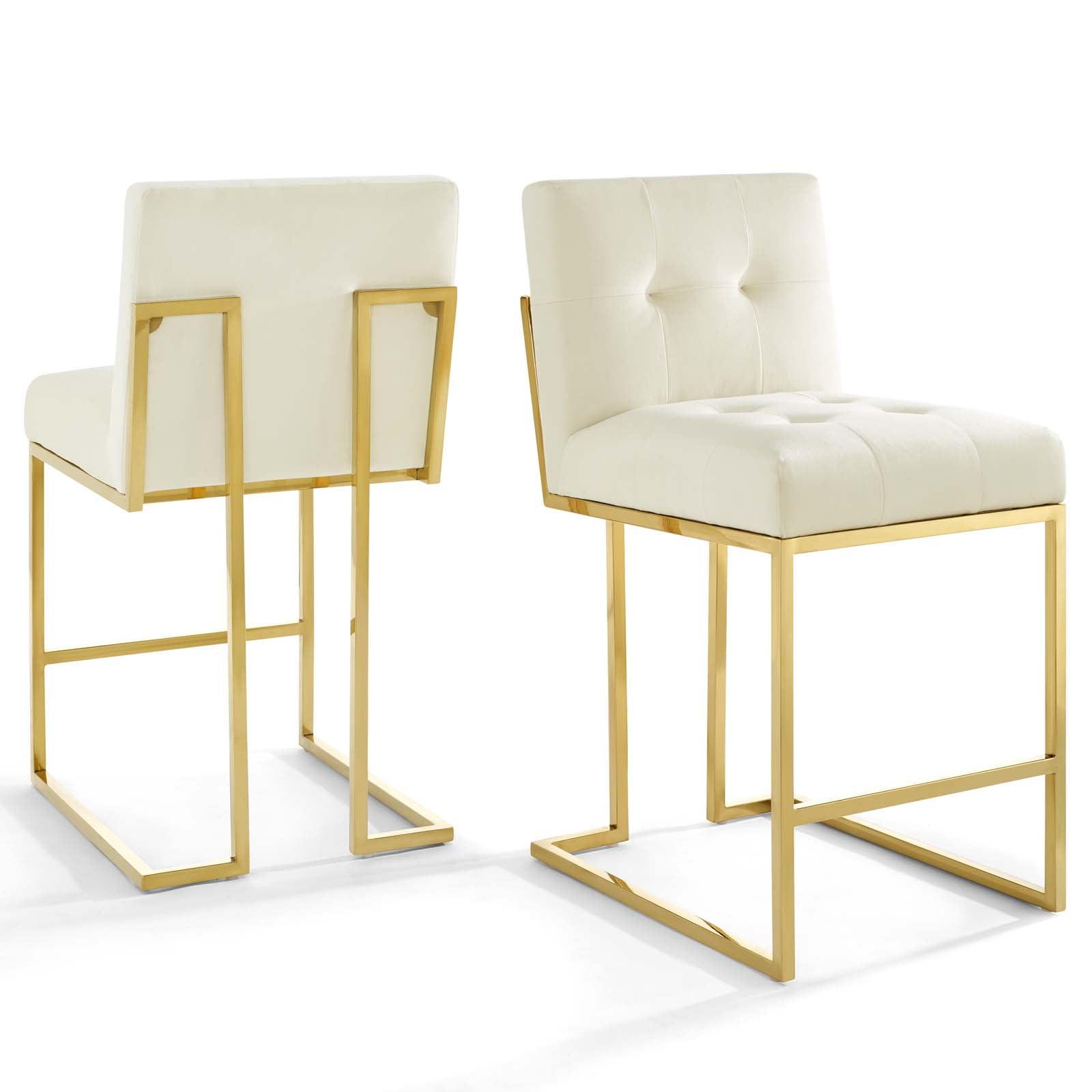 Elegant Gold Ivory Velvet Counter Stool Set with Geometric Base