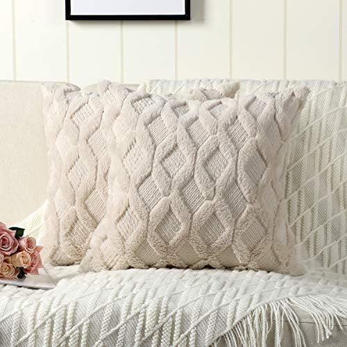 Beige Faux Wool Velvet Square Euro Throw Pillow Set