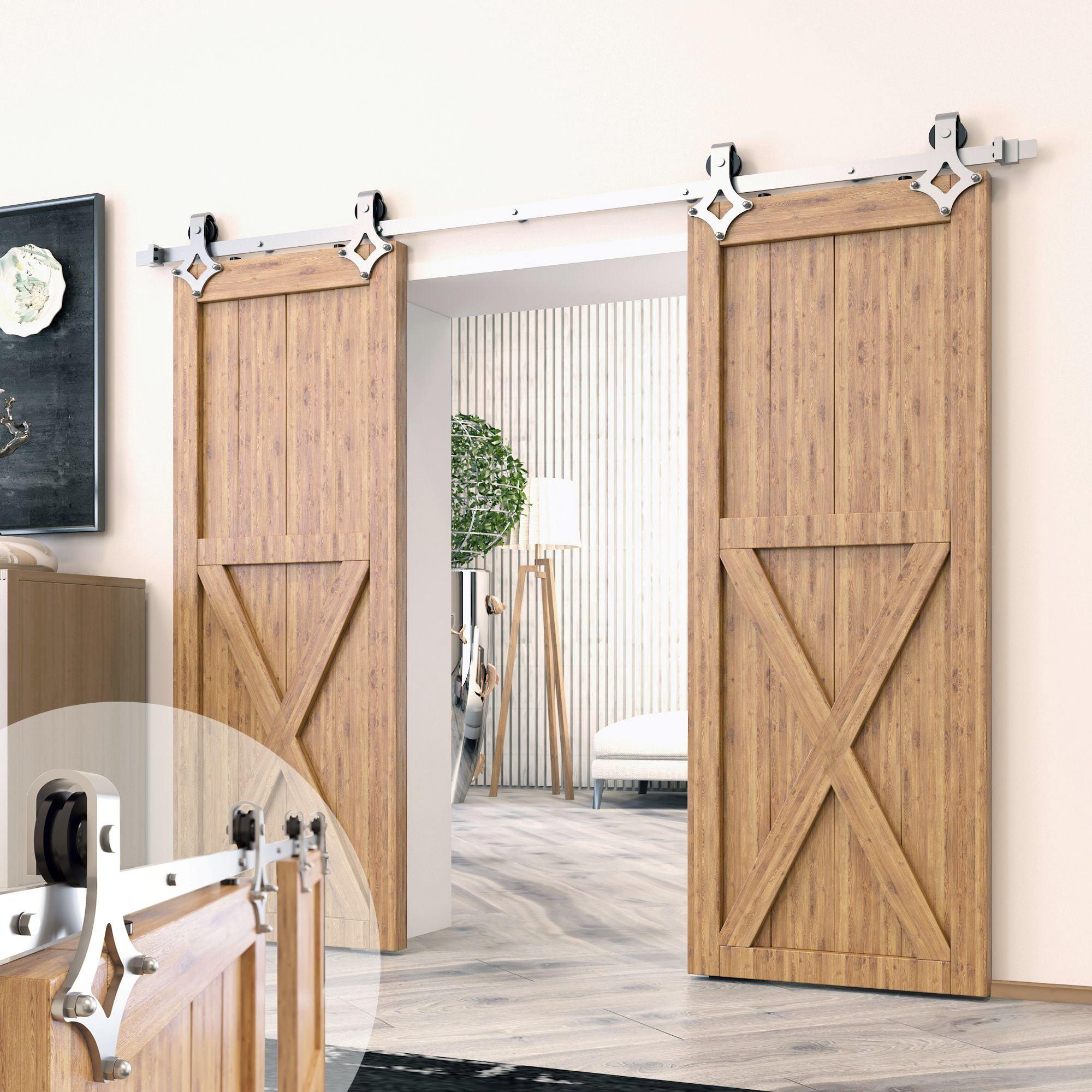 Brushed Nickel Double Barn Door Hardware Kit with Diamond Design