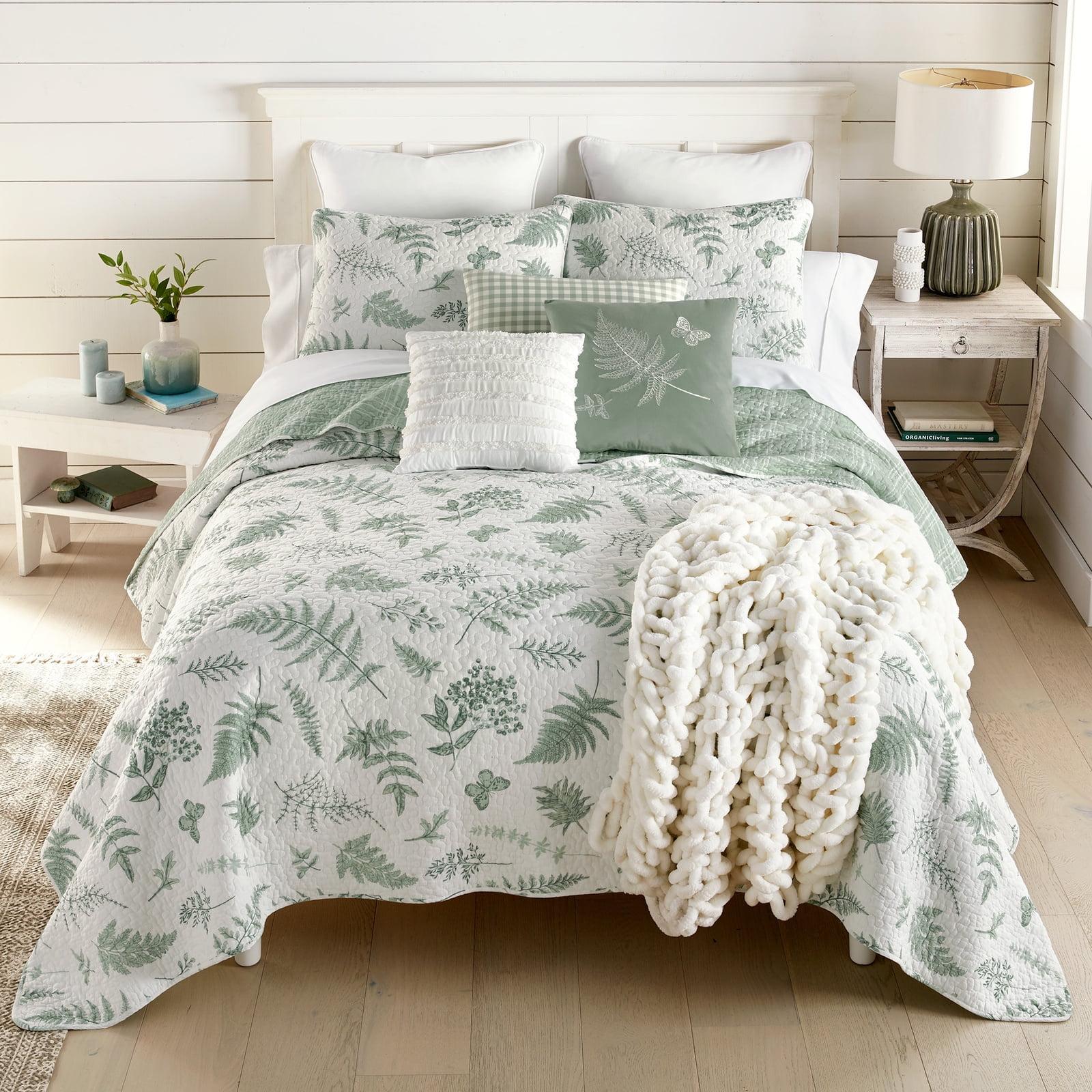 White and Sage Botanical Cotton Twin Quilt Set