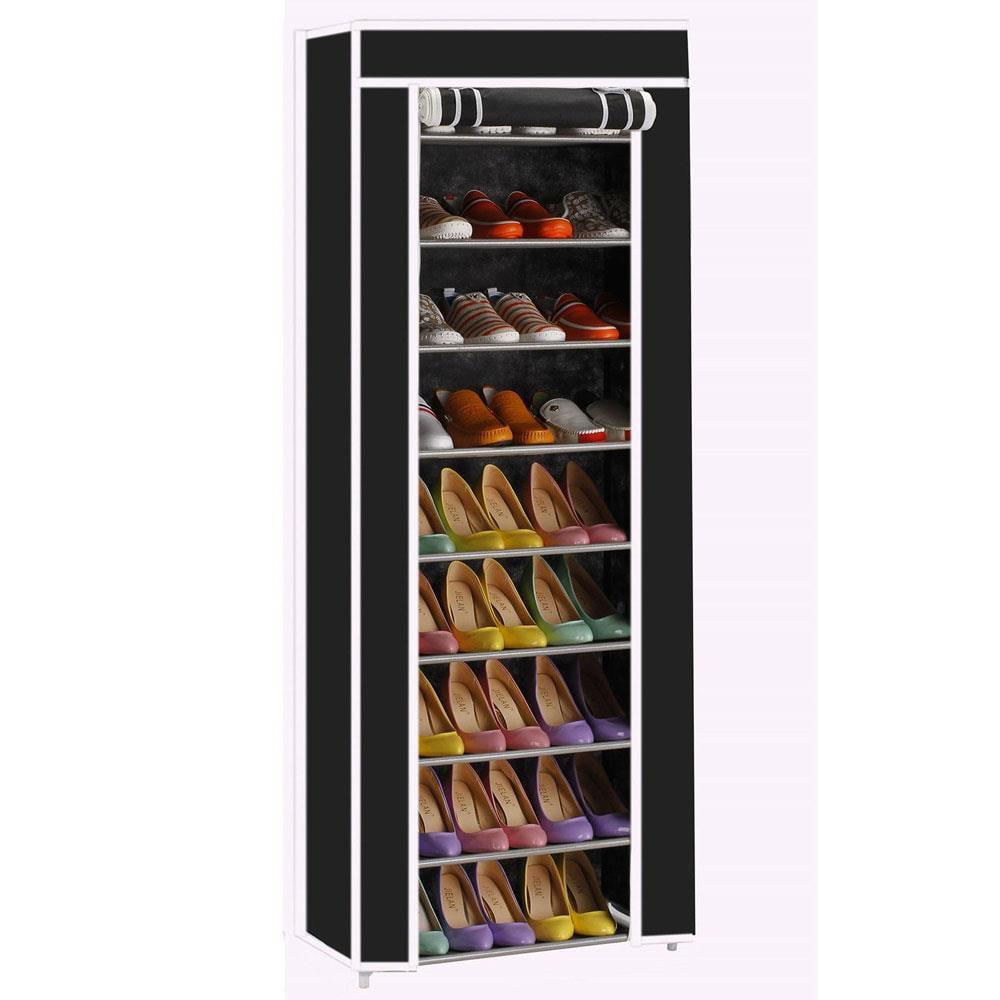 Black 10-Layer Non-Woven Fabric Shoe Rack with 9 Lattices