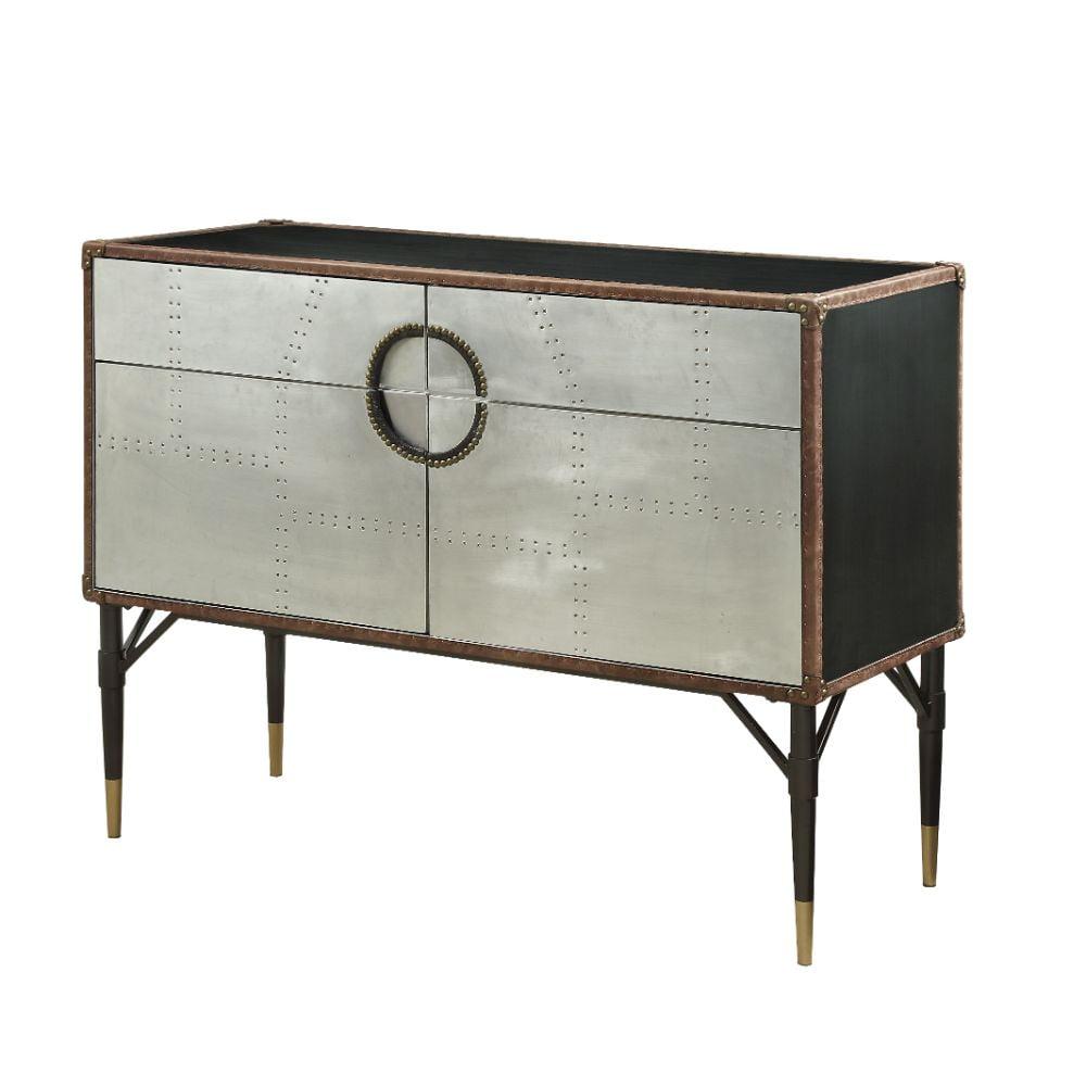 Industrial Aluminum and Black Leather Console Table with Storage