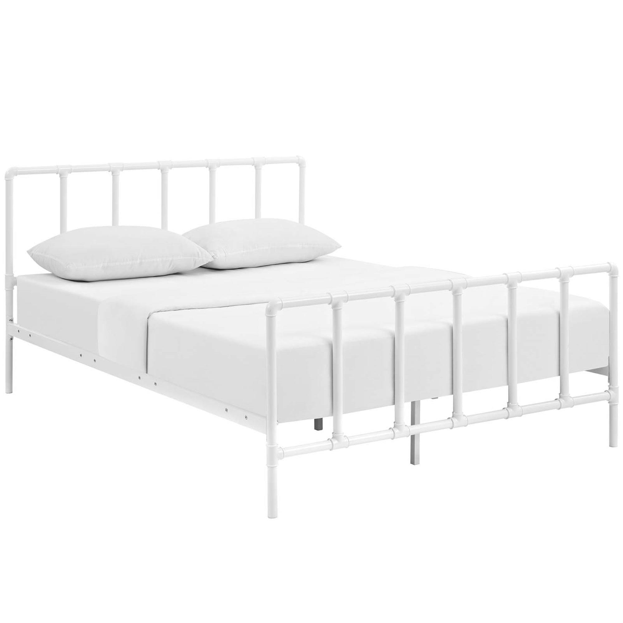 Serene Cottage Queen Metal Bed Frame with Headboard in White