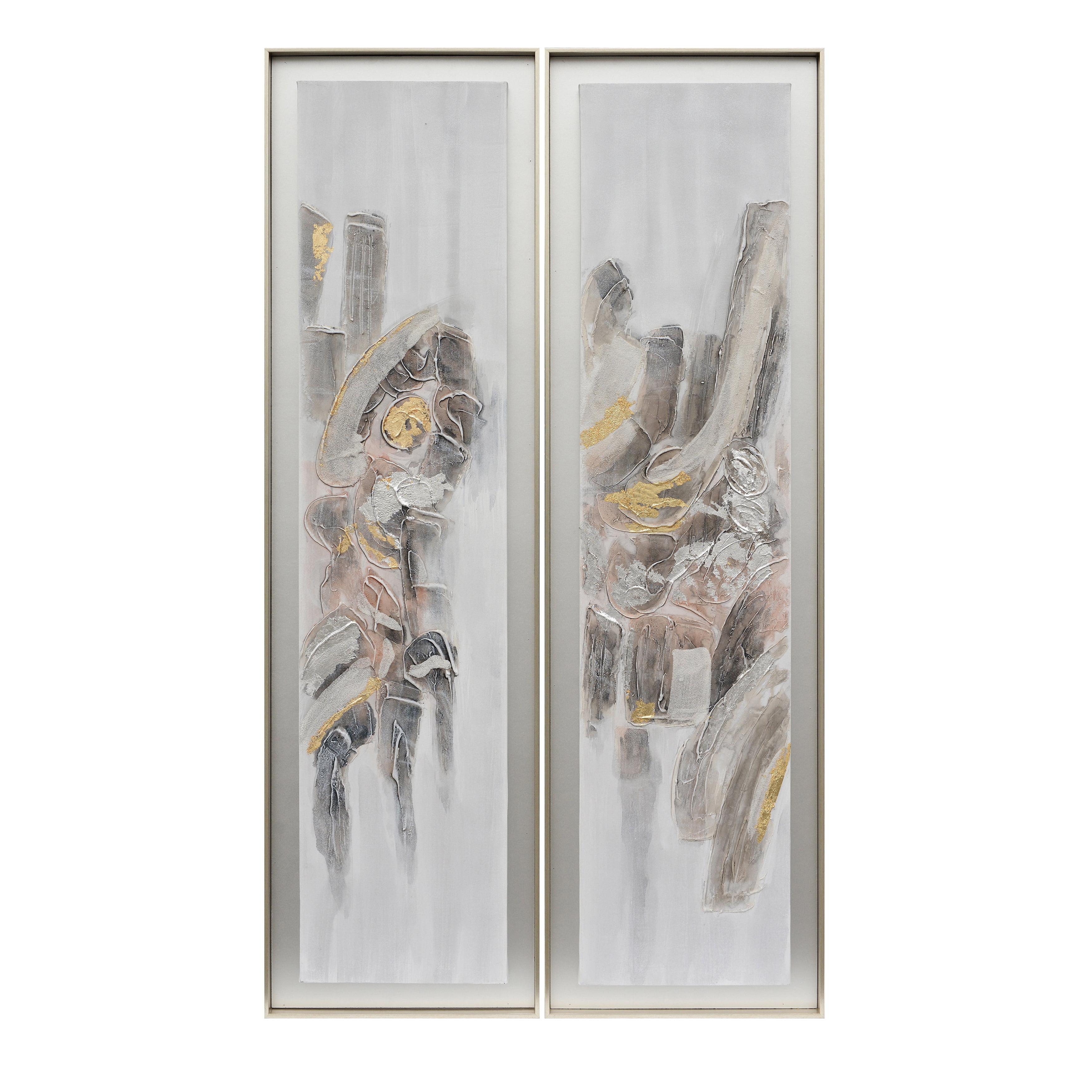 Set of 2 Abstract Gray and Brown Oil Paintings with Silver Frame