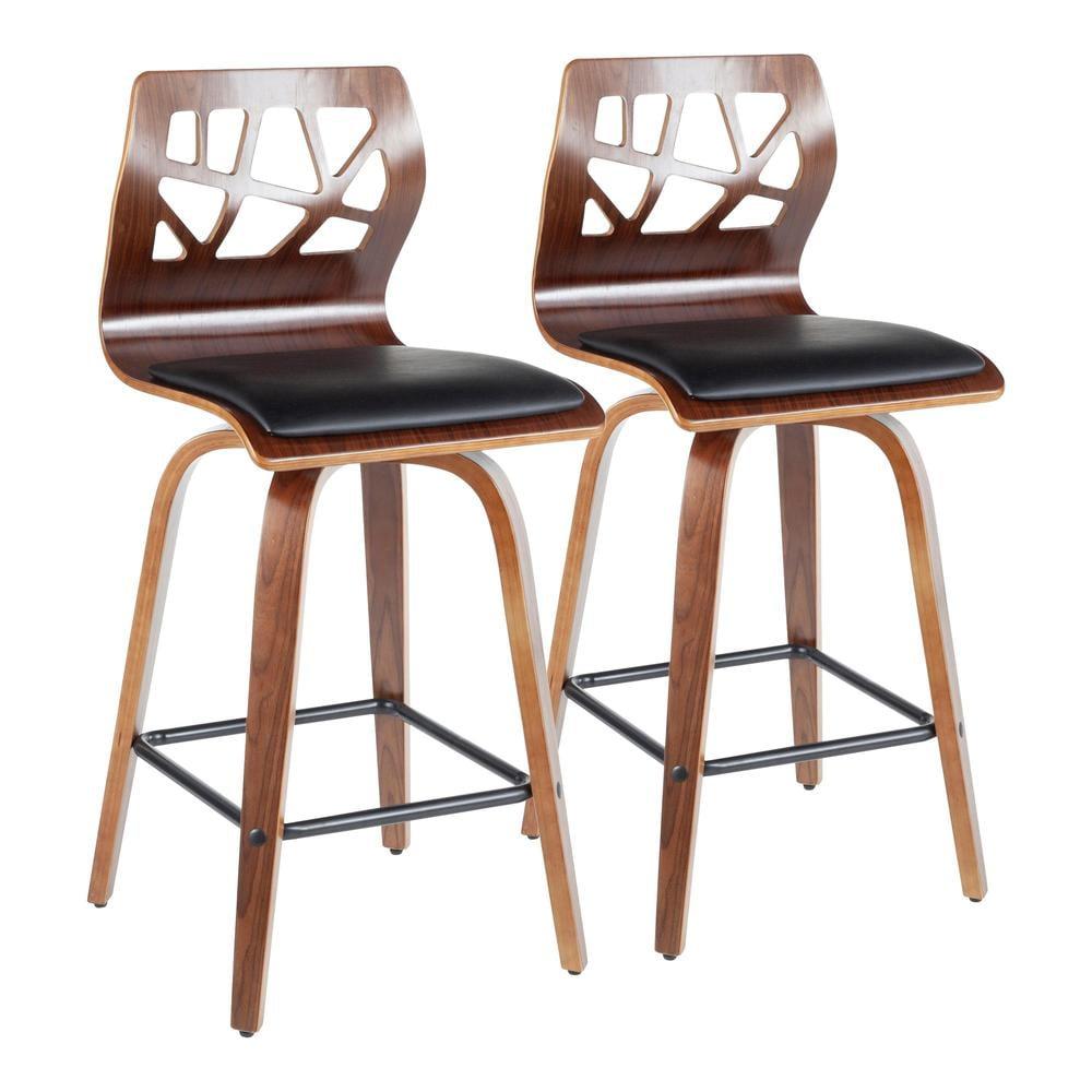 Folia 26" Walnut and Black Leather Counter Stools, Set of 2