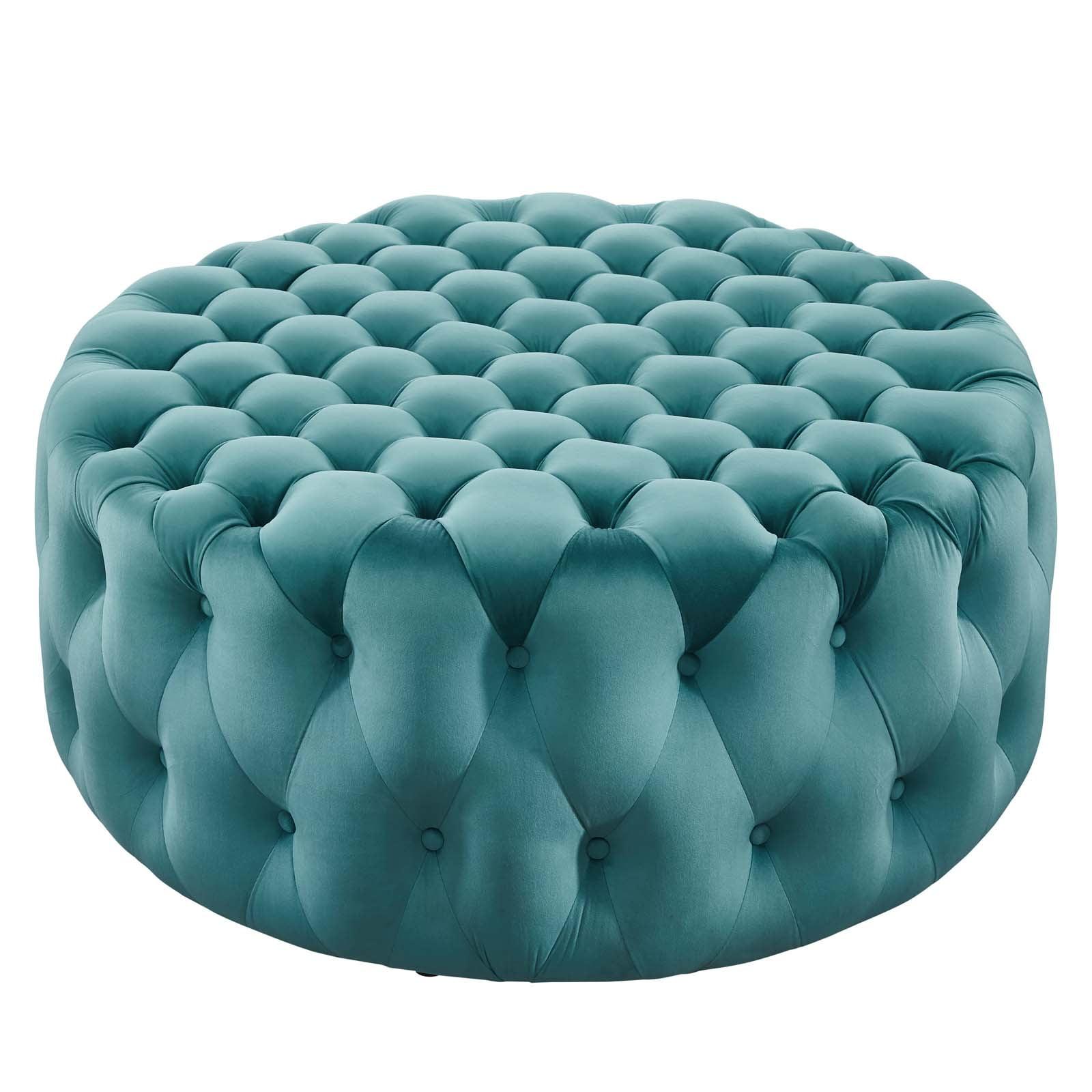 Modway Amour Modern Button Tufted Round Velvet Ottoman in Sea Blue