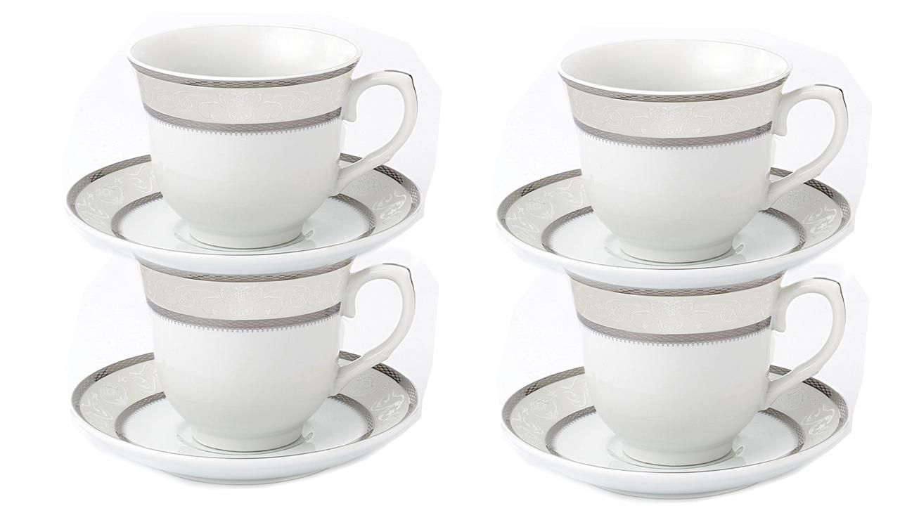 Elegant Silver Porcelain Tea-Coffee Cups and Saucers Set, 8 oz, Set of 4