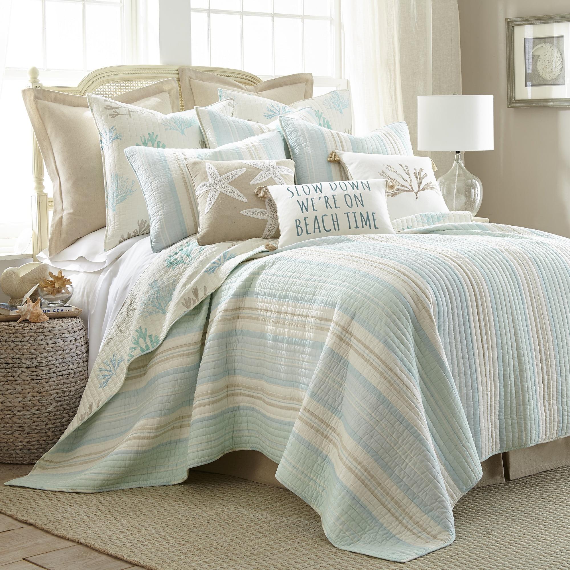 Coastal Breeze Blue and Cream Cotton King Quilt Set, Reversible