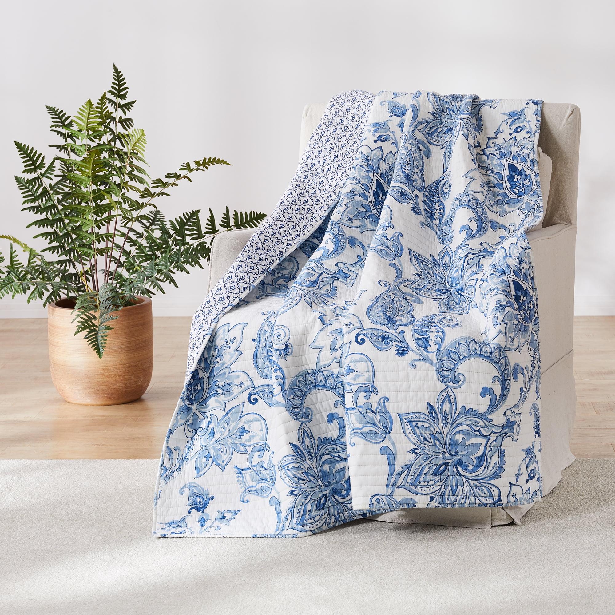 Blue and White Paisley Cotton Reversible Quilted Throw