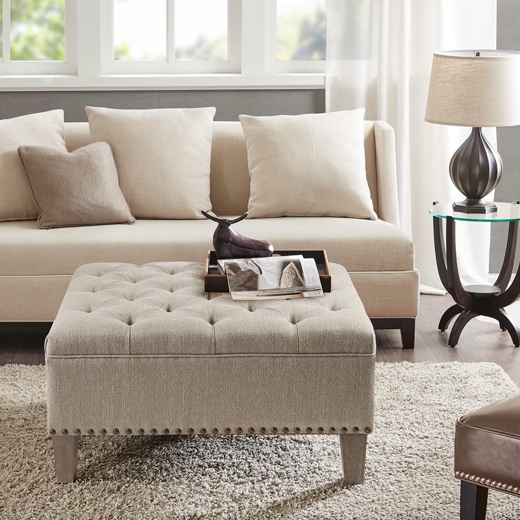 Taupe Tufted Square Cocktail Ottoman with Bronze Nailhead Trim