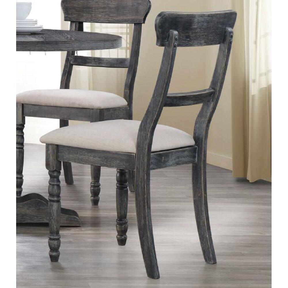 Weathered Gray Wood & Light Brown Linen Upholstered Side Chair Set