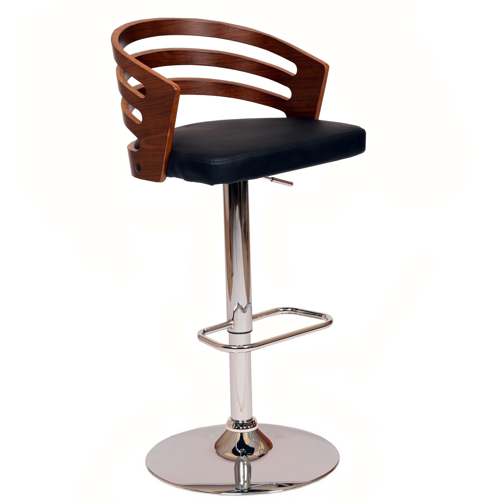 Contemporary Black Leather Swivel Barstool with Chrome and Walnut Accents