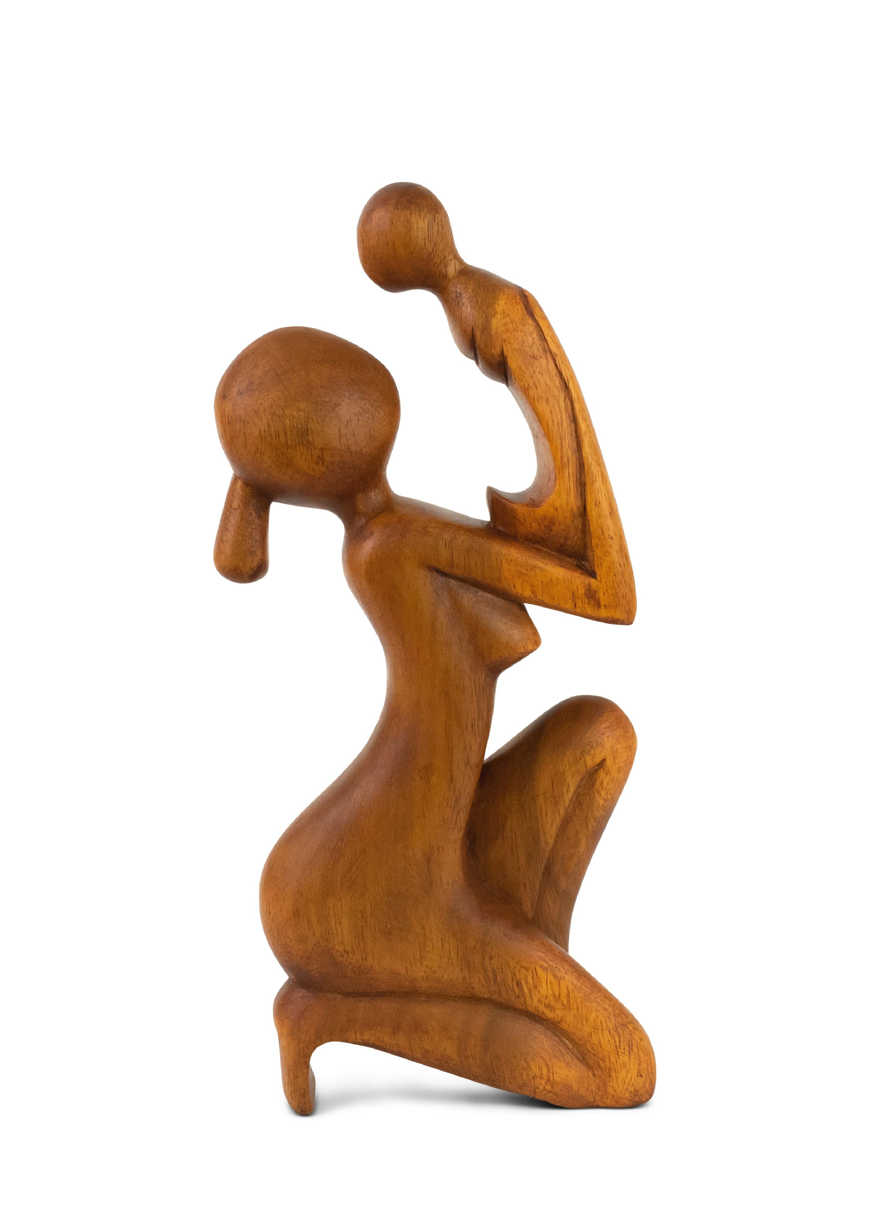 12" Handcrafted Suar Wood Mother and Child Sculpture