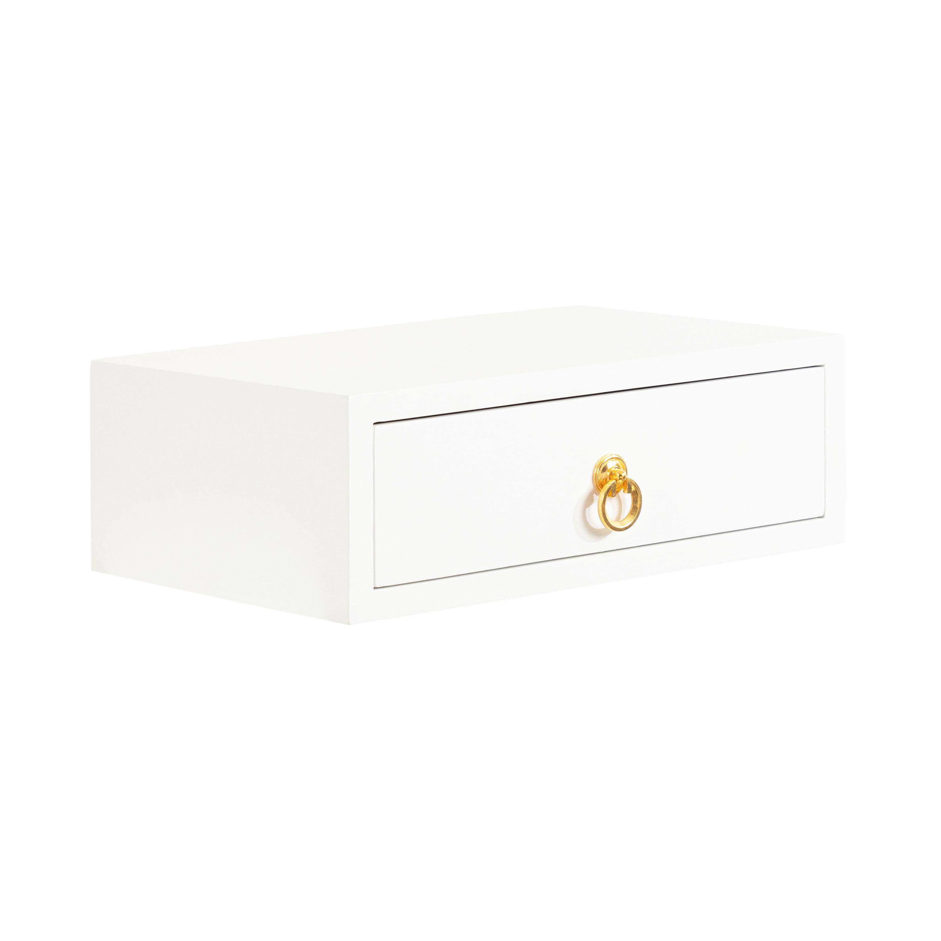 White and Gold Floating Wood Side Table with Drawer