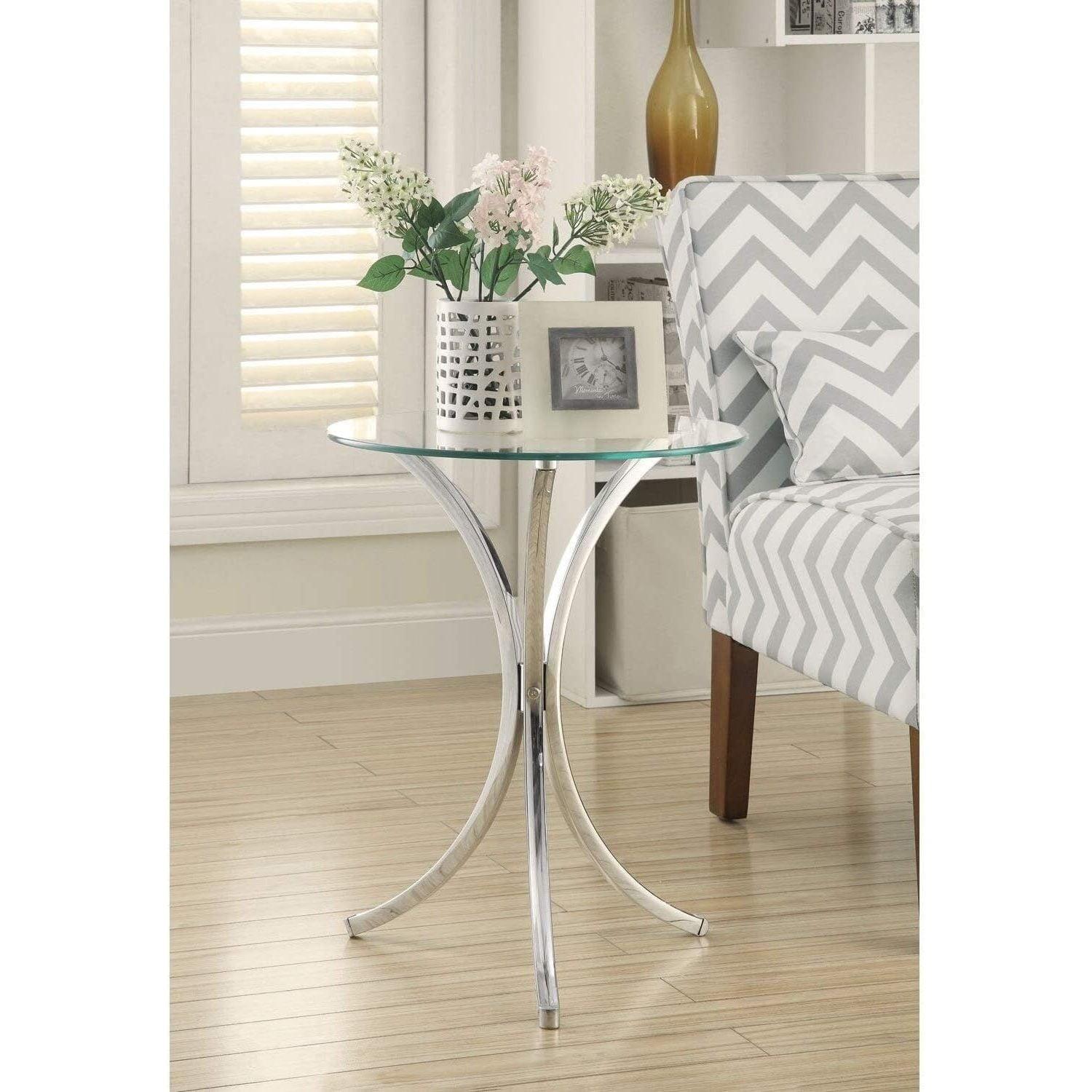 Eloise 18" Chrome Round Metal Accent Table with Curved Legs and Glass Top