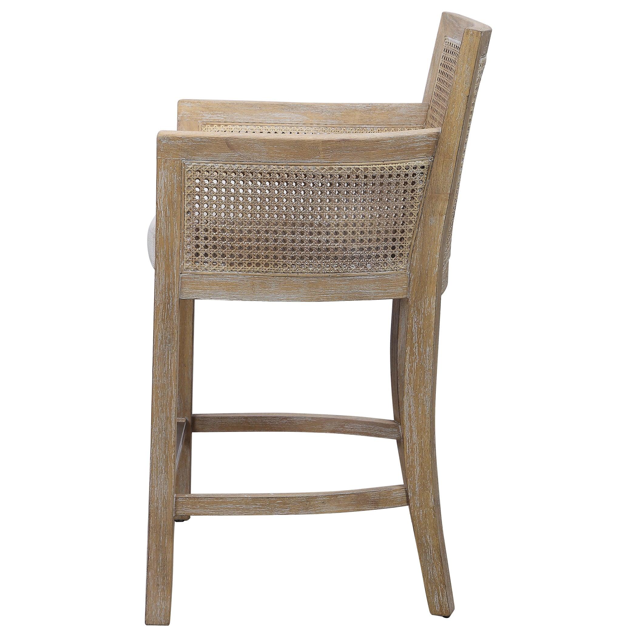 Coastal White Wood and Metal Counter Stool with Off-White Cushion