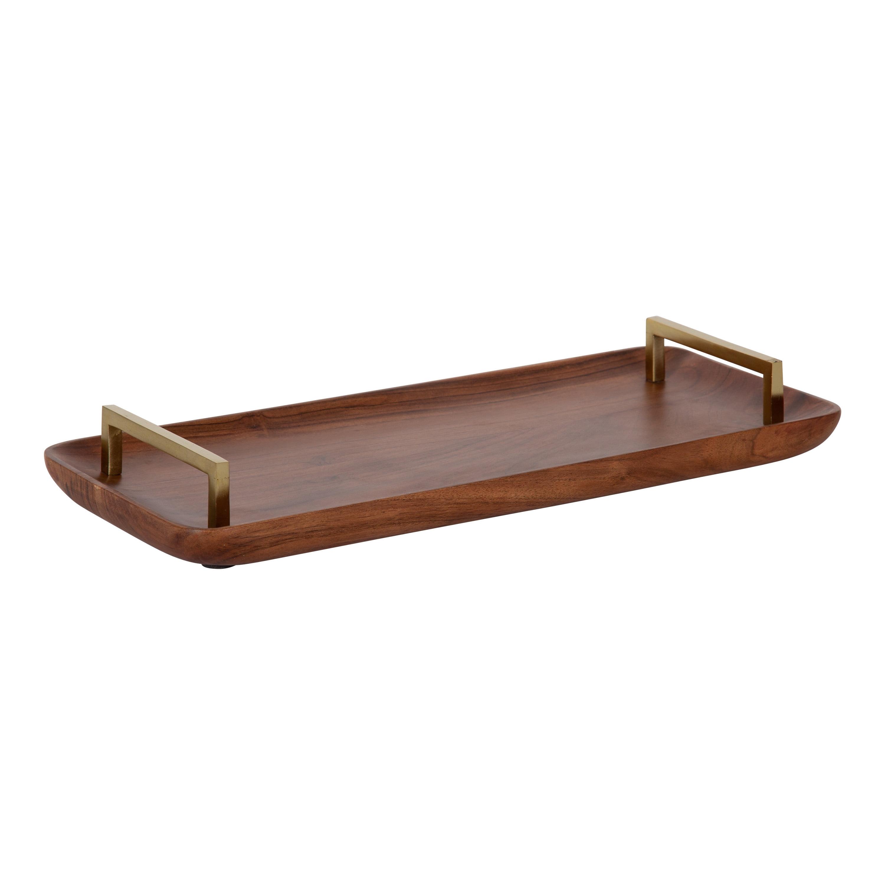 Walnut Brown Acacia Wood Rectangular Serving Tray with Gold Handles