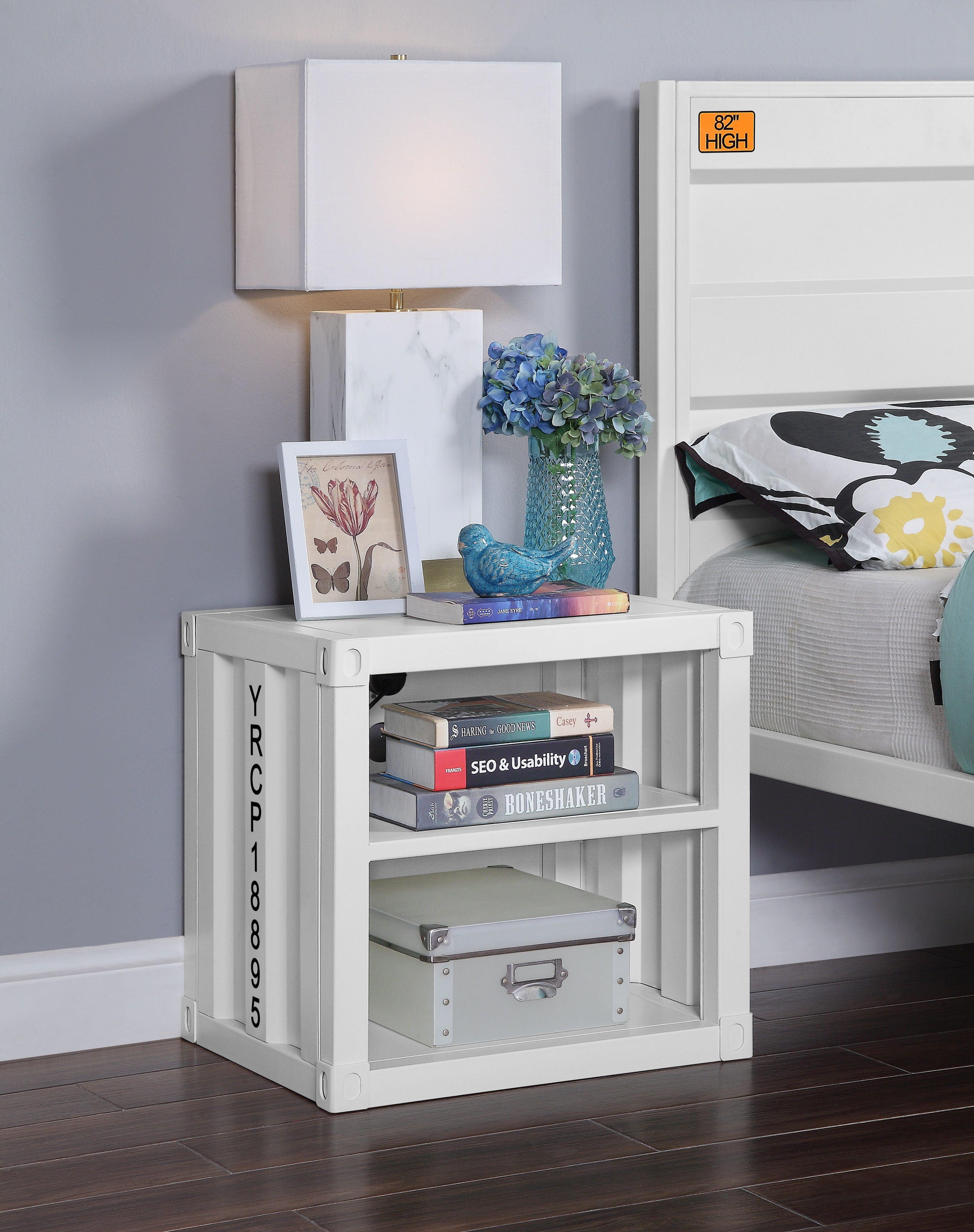 Contemporary White Metal Nightstand with USB and Recessed Panels