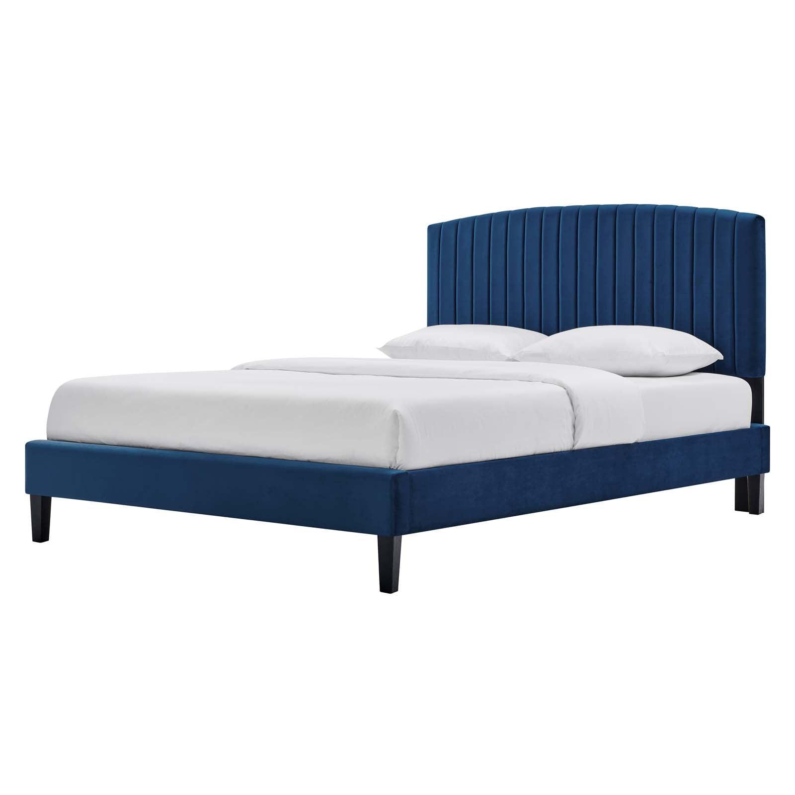 Navy Velvet Full Platform Bed with Tufted Upholstered Headboard