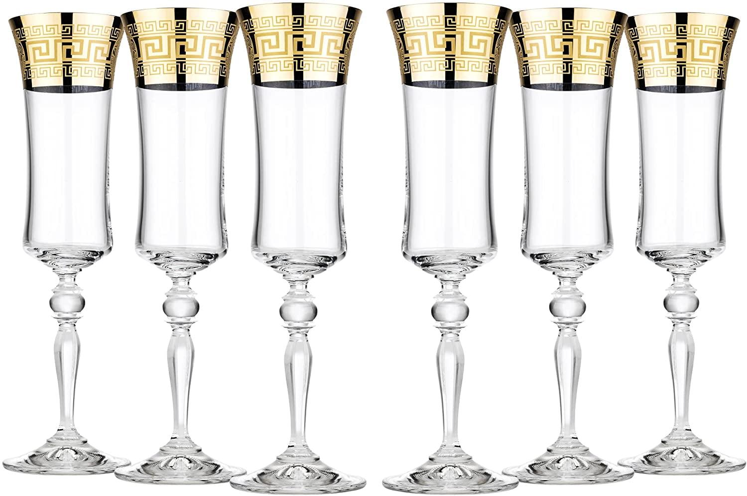 Versailles Gold-Plated Lead-Free Crystal Champagne Flute Set, 6oz, Set of 6