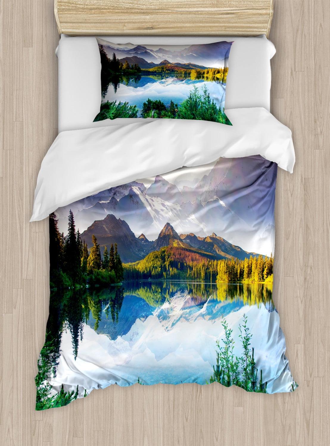 Twin Green and White Nature Scene Duvet Cover Set