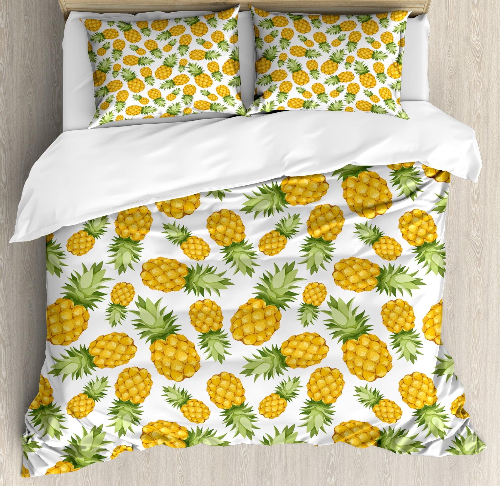 Yellow and White Pineapple Queen Duvet Cover Set with Zipper Closure