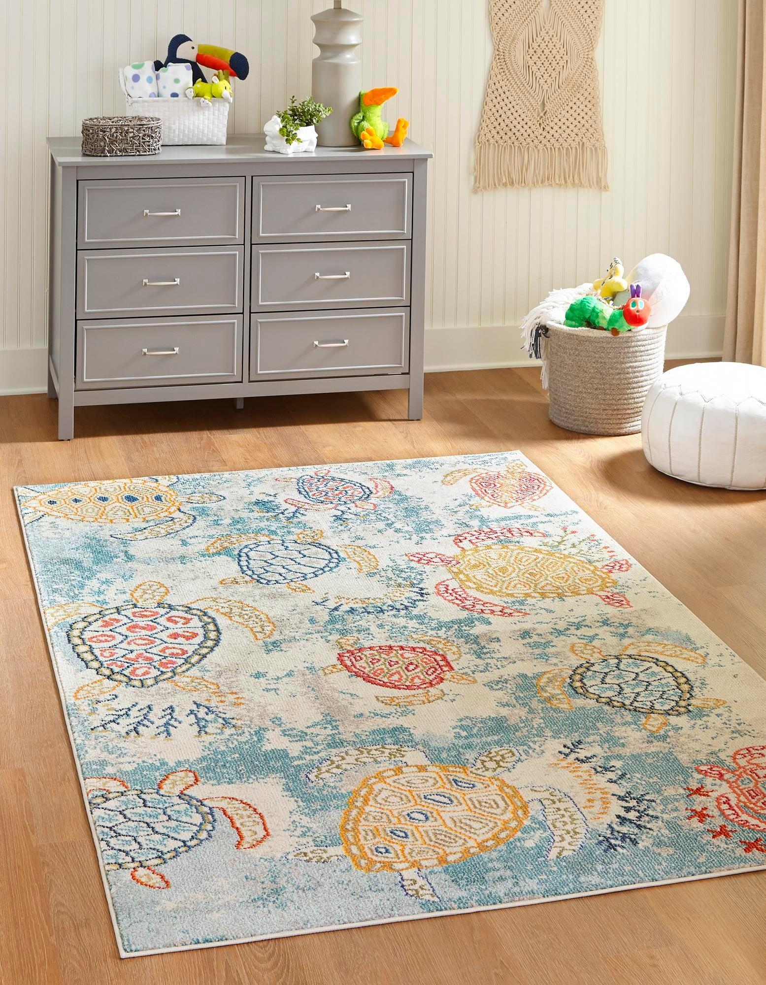 Coastal Sea Turtle Blue and Beige 4' x 6' Rug