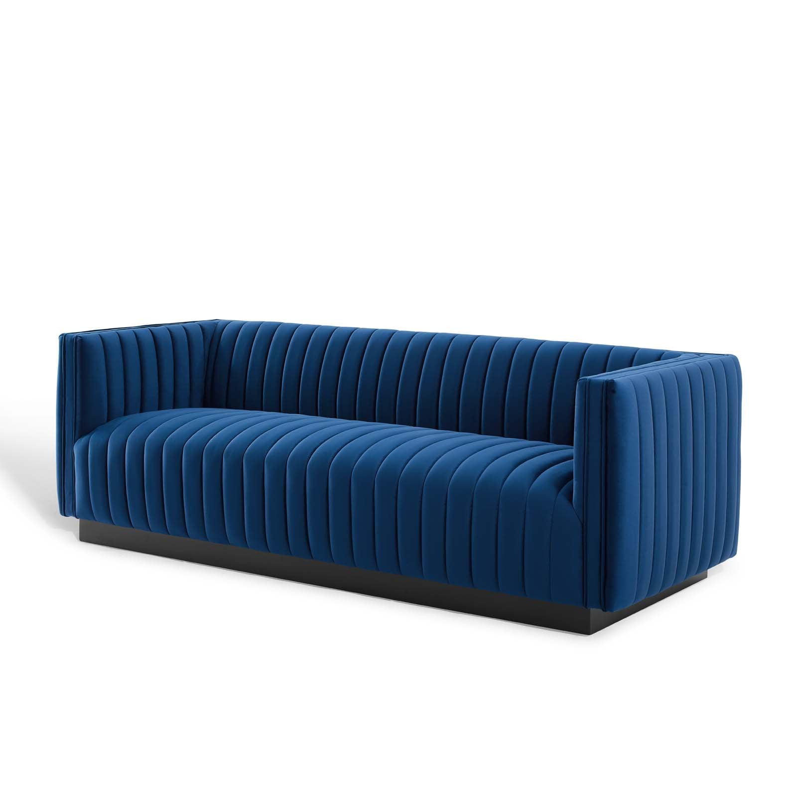 Elegant Navy Velvet Tufted Tuxedo Sofa with Solid Wood Base