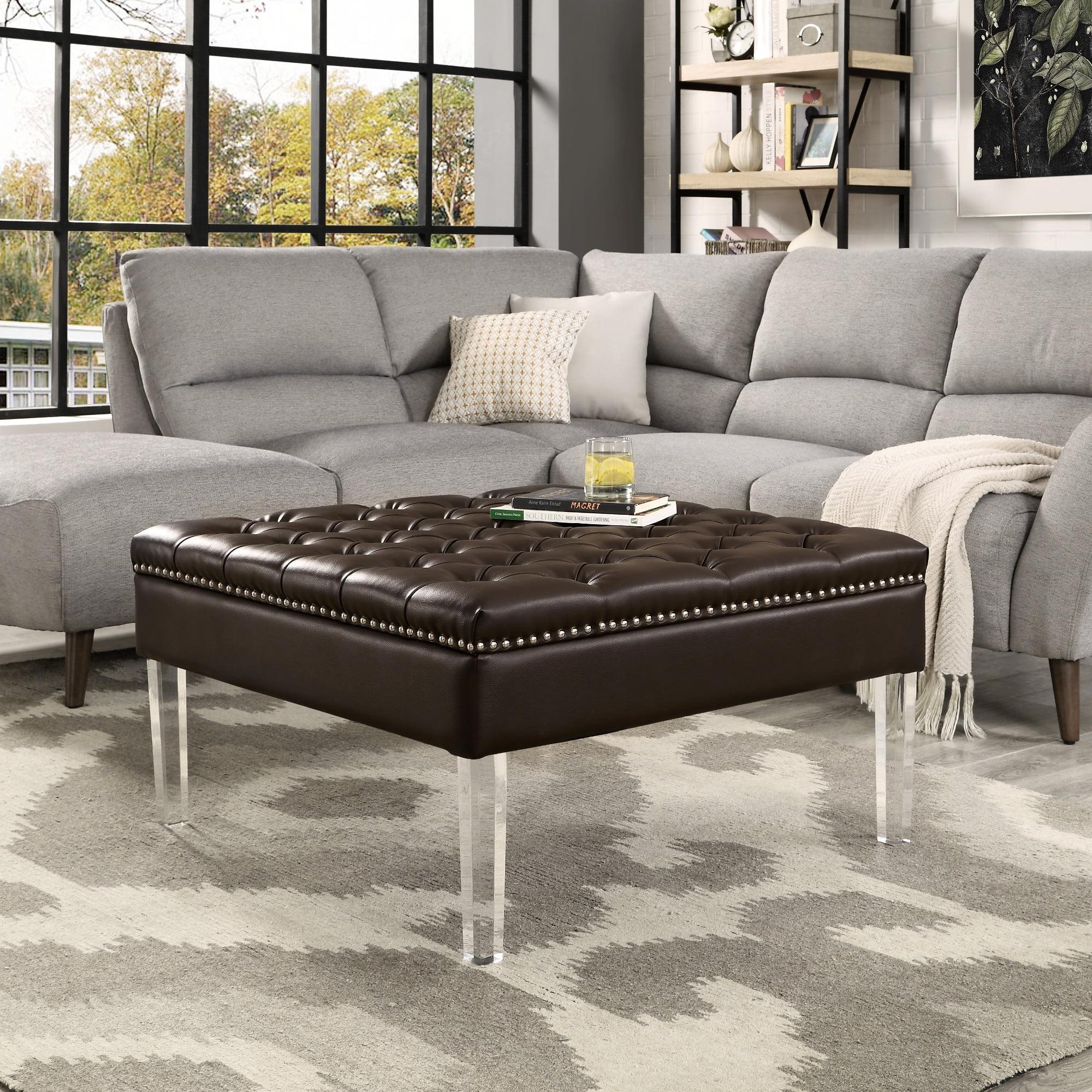 Inspired Home Coco PU Leather Oversized Button Tufted with Silver Nailhead Trim Clear Acrylic Leg Cocktail Ottoman, Espresso