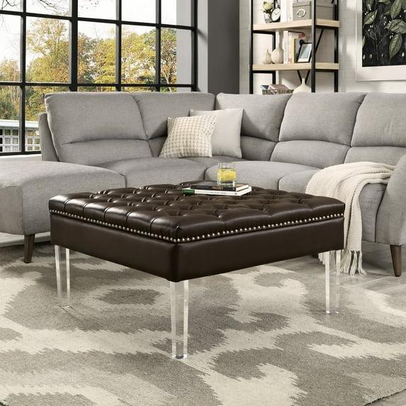 Inspired Home Coco PU Leather Oversized Button Tufted with Silver Nailhead Trim Clear Acrylic Leg Cocktail Ottoman, Espresso