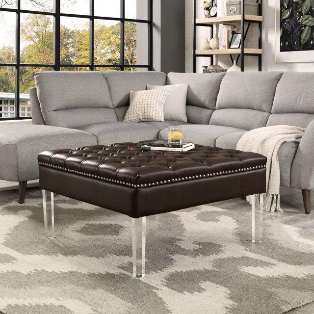 Inspired Home Coco PU Leather Oversized Button Tufted with Silver Nailhead Trim Clear Acrylic Leg Cocktail Ottoman, Espresso