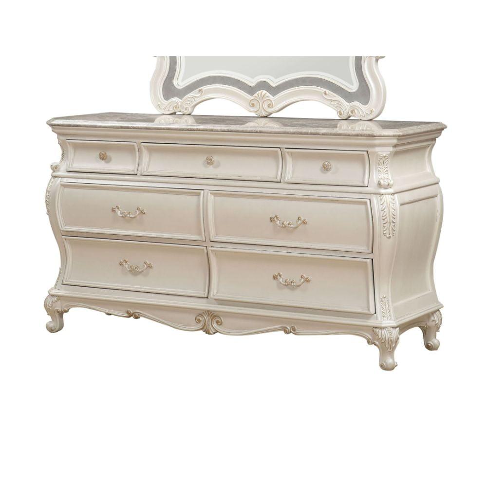 Elegant Pearl White 66" Dresser with Granite Top and Felt-Lined Drawers