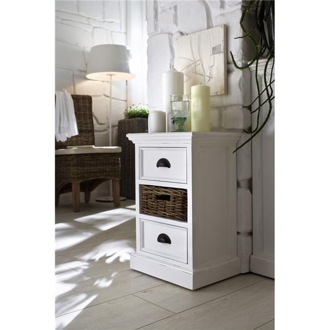 Coastal Charm White Semi-Gloss Mahogany Bedside Unit with Handwoven Rattan Basket