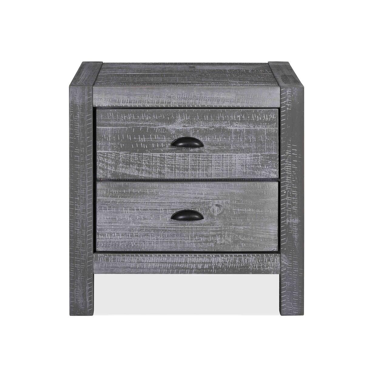 Rustic Grey Pine Wood 2-Drawer Nightstand with Black Metal Handles