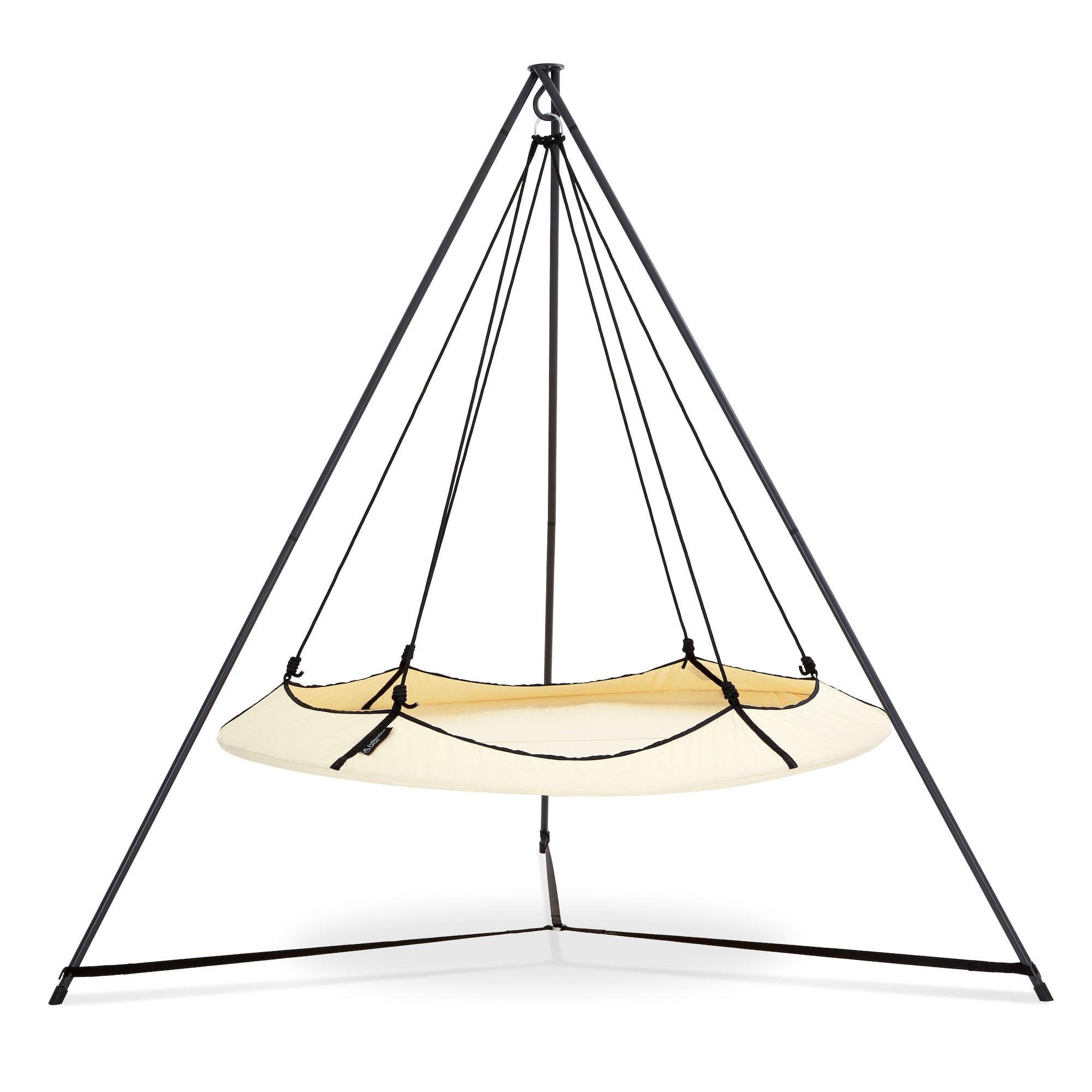 Cream & Black Olefin Fabric Circular Family Hammock Set with Steel Stand