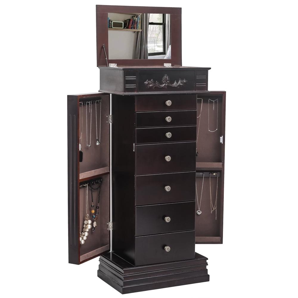 Veryke Jewelry Armoire with Mirror / 8 Drawers / 16 Necklace Hooks / 2 Side Swing Doors - Brown