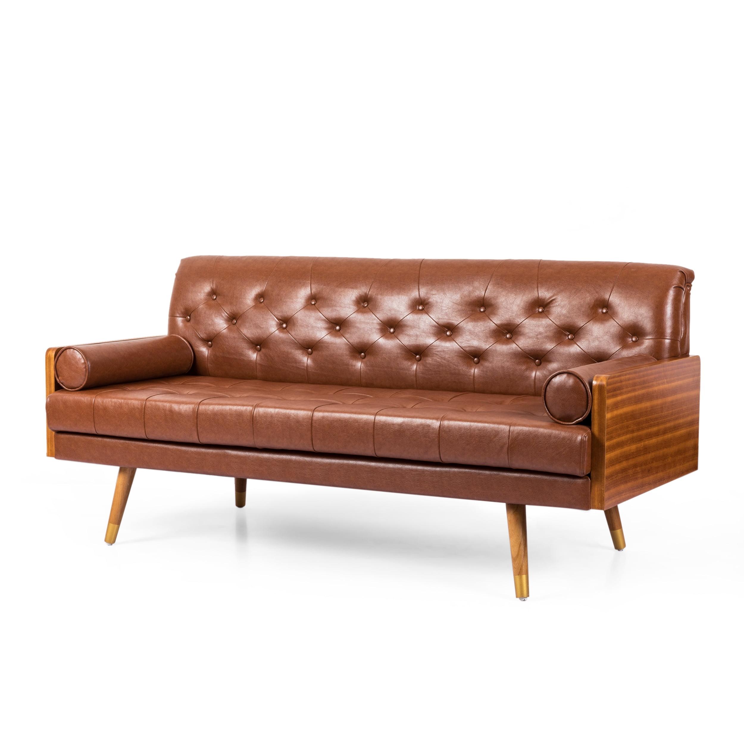 Cognac Brown Faux Leather Tufted Mid-Century Sofa with Gold-Tipped Legs