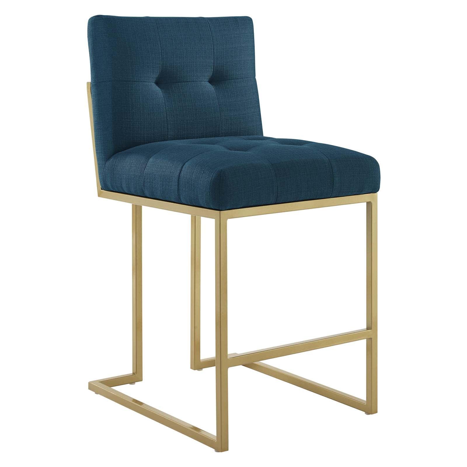 Blue Azure Fabric Counter Stool, Luxe Glam Tufted Kitchen Counter Stool - Gold Base